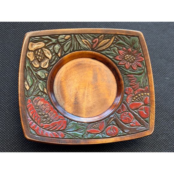[Like New] Japanese Hand-Carved Wooden Saucers, Floral Motifs, Signed, Set of 5 - Picture 3 of 13